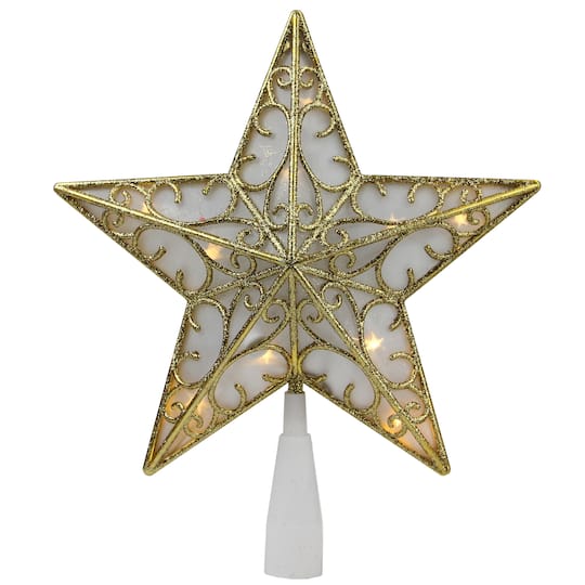 9&#x22; Gold &#x26; White Glittered Star LED Christmas Tree Topper, Warm White Lights